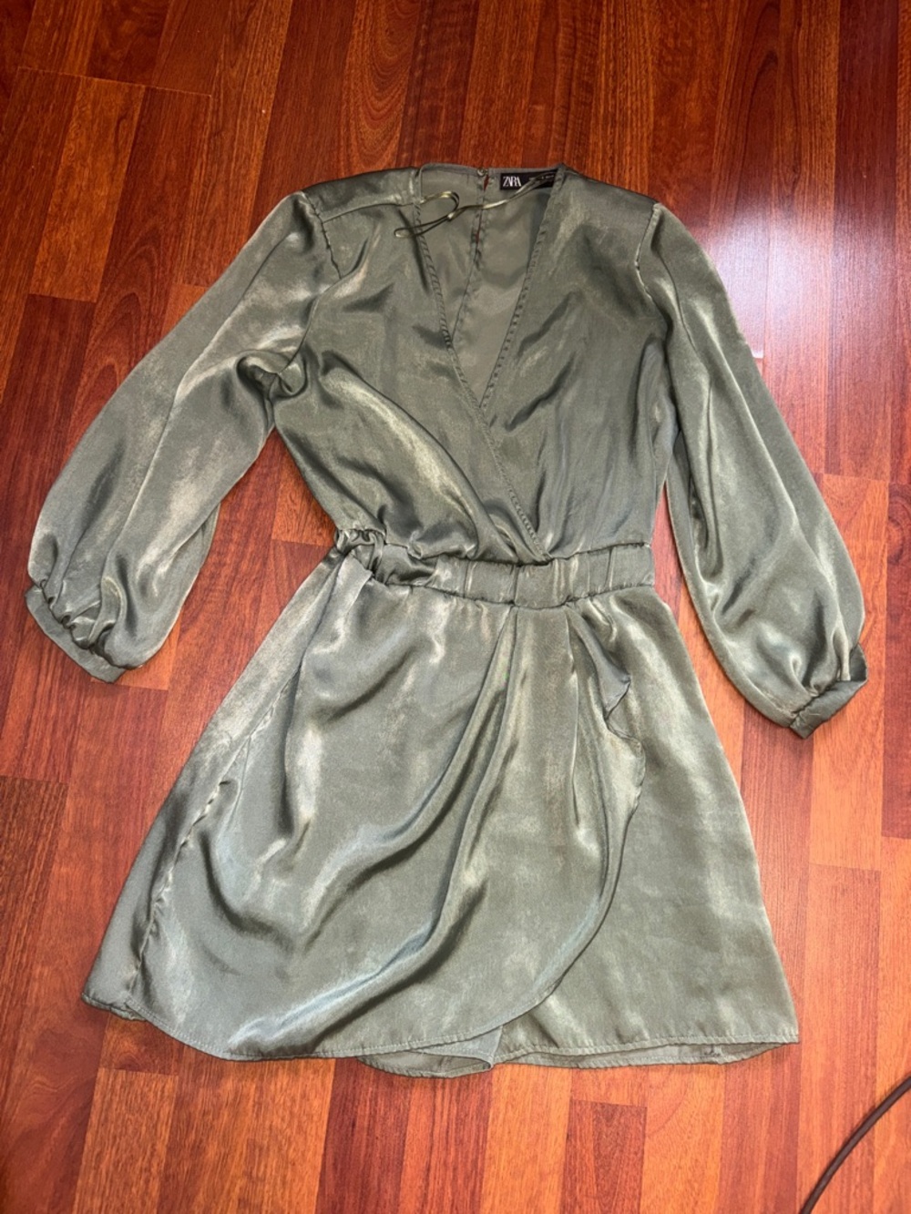 Zara Shimmer Olive Wrap Mini Dress